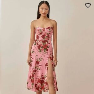 Reformation Juliette Dress pink with red flowers.